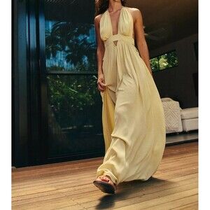 Free People Look Into the Sun Maxi Dress Halter Cutout Smocked Beach M 283913